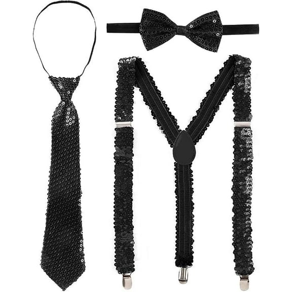 Sequin Bow Tie & Suspenders & Tie Set, Sequin Bow Tie Suspenders Set Suspender Bow Tie Set Clip On Y Shape Adjustable Braces