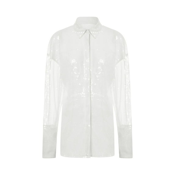Sequin Button Down Shirt for Women Juniors Long Sleeve Sparkle Glitter Top Oversized Shimmer Streetwear Blouse