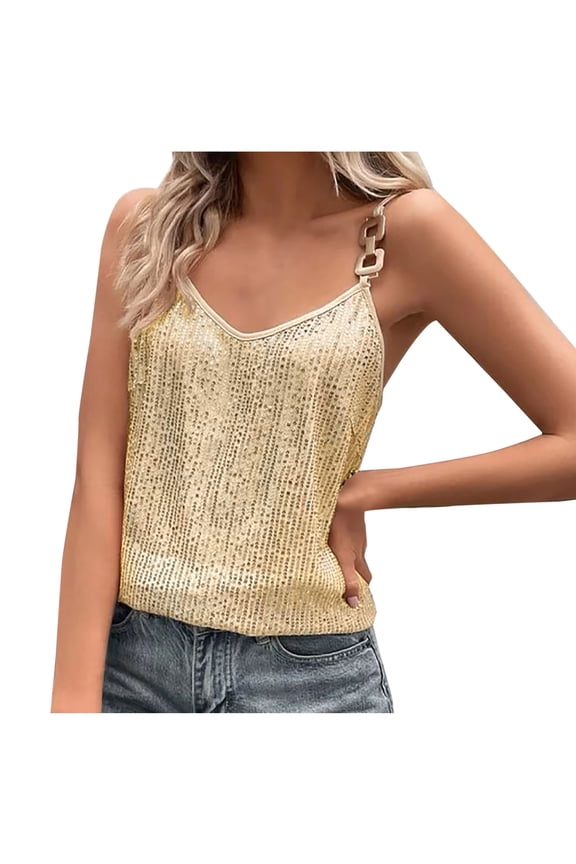 Sequin Cami Top for Women Chain Strap Sparkly Tanks Clubwear Party V-Neck Loose Dressy Tunic Top