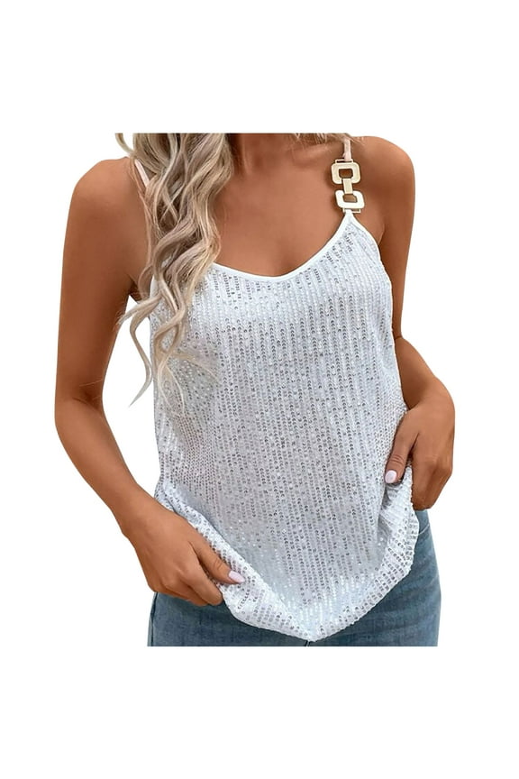 Sequin Cami Top for Women Chain Strap Sparkly Tanks Clubwear Party V-Neck Loose Dressy Tunic Top
