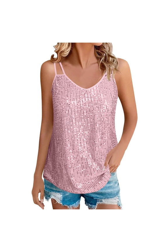 Sequin Camisole Tops for Women Summer Vacation Womens Clothes Sparkle V Neck Fashion Clothing Sparkly Women's Tops, Tees & Blouses Pink