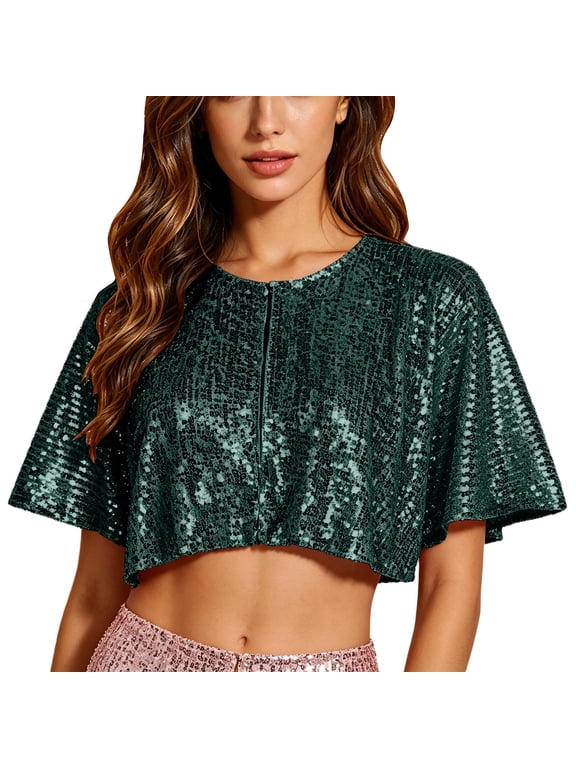 Sequin Capelet Tops for Women, Sparkly Cropped Short Sleeve Bolero for Dance, Concerts, Parties and Evening