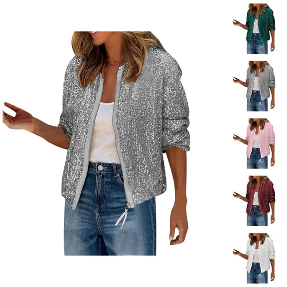 Sequin Cardigan Jacket for Women 2025 Glitter Long Sleeve Crewneck Cropped Zip Up Bomber Jackets Clubwear Outerwear