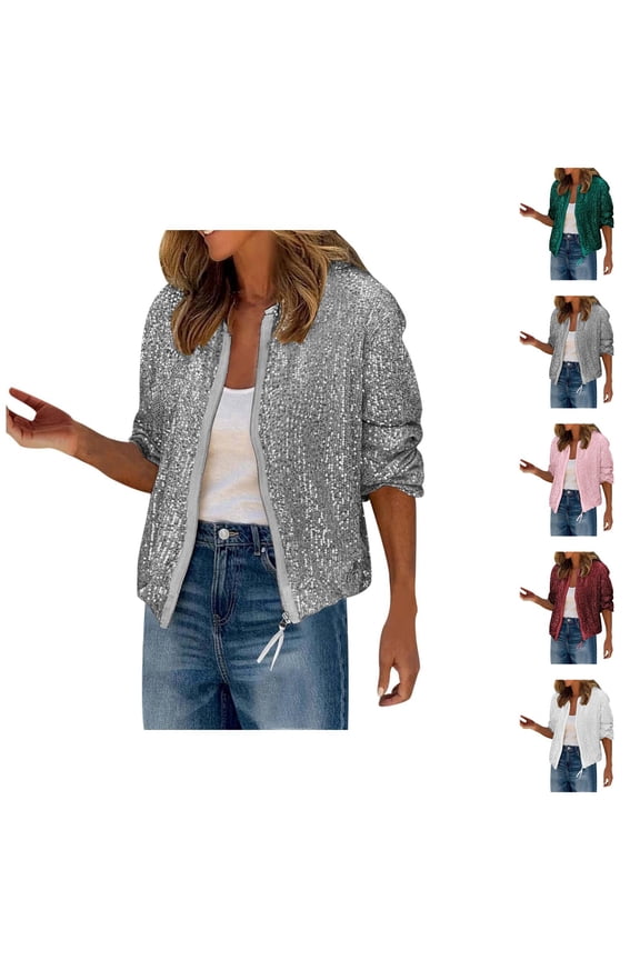 Sequin Cardigan Jacket for Women 2025 Glitter Long Sleeve Crewneck Cropped Zip Up Bomber Jackets Clubwear Outerwear