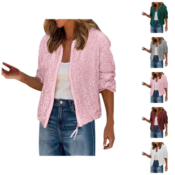 Sequin Cardigan Jacket for Women 2025 Glitter Long Sleeve Crewneck Cropped Zip Up Bomber Jackets Clubwear Outerwear