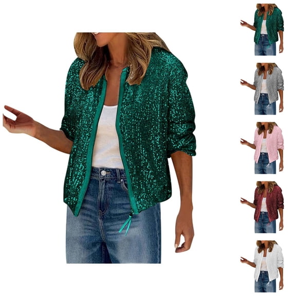 Sequin Cardigan Jacket for Women 2025 Glitter Long Sleeve Crewneck Cropped Zip Up Bomber Jackets Clubwear Outerwear