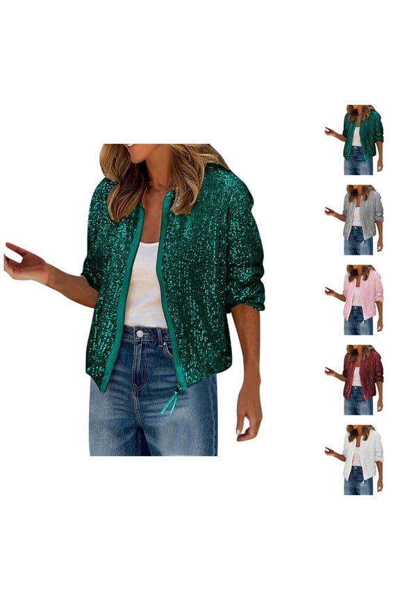 Sequin Cardigan Jacket for Women 2025 Glitter Long Sleeve Crewneck Cropped Zip Up Bomber Jackets Clubwear Outerwear