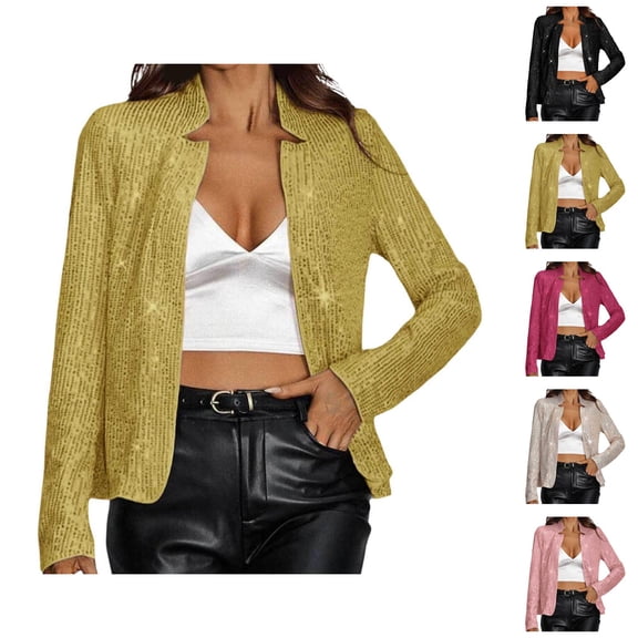 Sequin Cardigan Jacket for Women 2025 Long Sleeve Glitter Sparkling Open Front Notched Lapel Tunic Jackets Outerwear