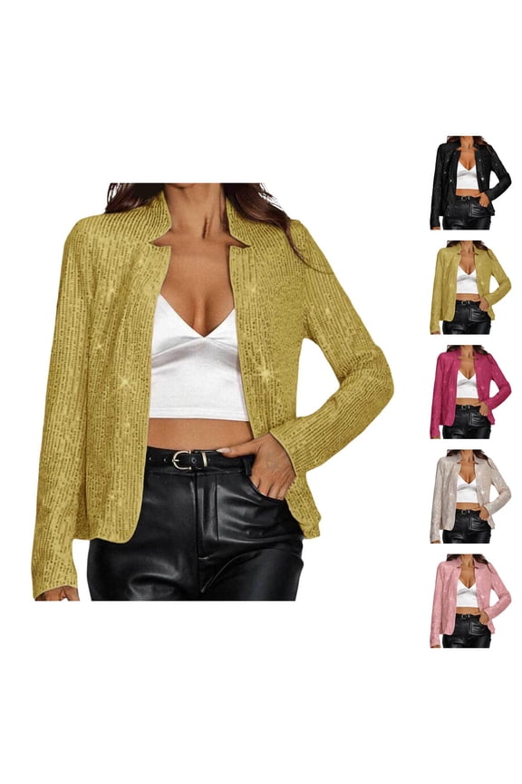 Sequin Cardigan Jacket for Women 2025 Long Sleeve Glitter Sparkling Open Front Notched Lapel Tunic Jackets Outerwear