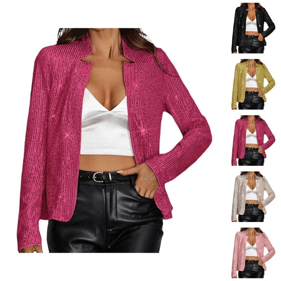 Sequin Cardigan Jacket for Women 2025 Long Sleeve Glitter Sparkling Open Front Notched Lapel Tunic Jackets Outerwear