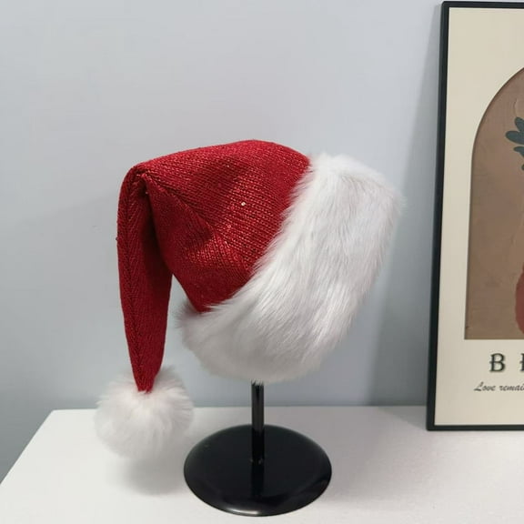 Sequin Christmas Santa Claus Hat with Faux Fur,Deluxe Holiday Sequins Knitted Christmas Hat Headwear Accessories