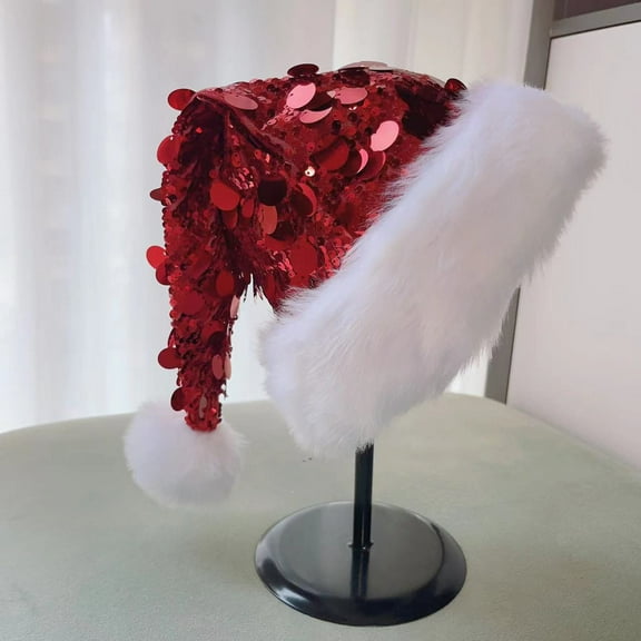 Sequin Christmas Santa Claus Hat with Faux Fur,Deluxe Holiday Sparkly Sequins Christmas Hat Headwear Accessories