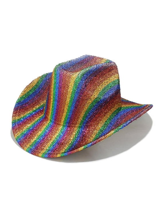 Sequin Cowboy Hat for Women Men, Rainbow Stripes Glitter Party Festival Hat, Elastic Inner Band Free Size Adult,Size Free Size