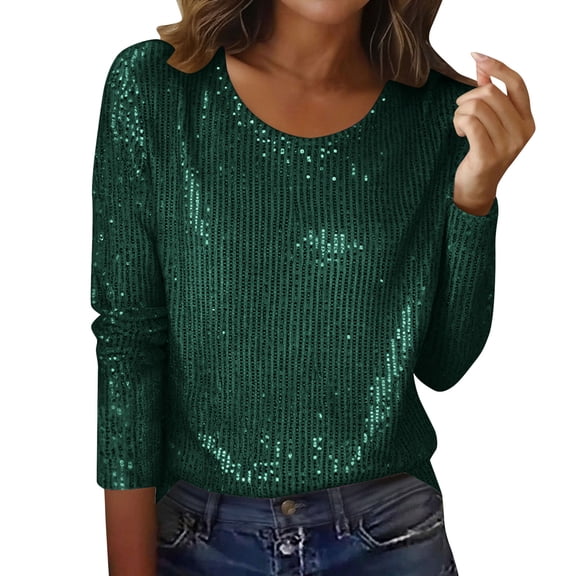 Sequin Crewneck Tops for Women, Sparkly Loose Long Sleeve Shirts, Fashion Glitter Going out Blouses
