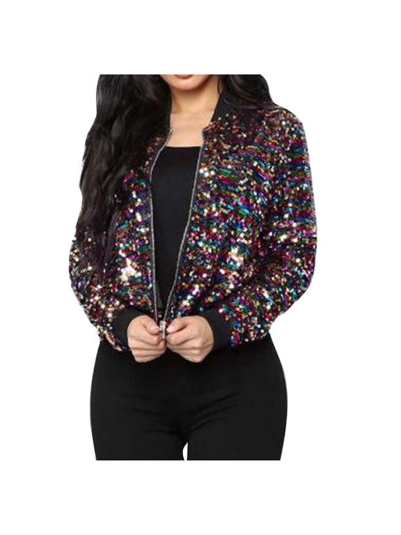 Sequin Crop Jacket for Women with Zipper Long Sleeve Sparkly Party Outfit Cropped Short Bomber Jacket Coat S-3XL (Large, Multicolor)