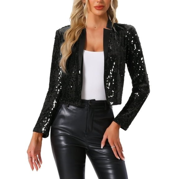INSPIRE CHIC Sequin Crop Jackets for Women's Party Long Sleeve Open Front Sparkle Glitter Blazer XS Black