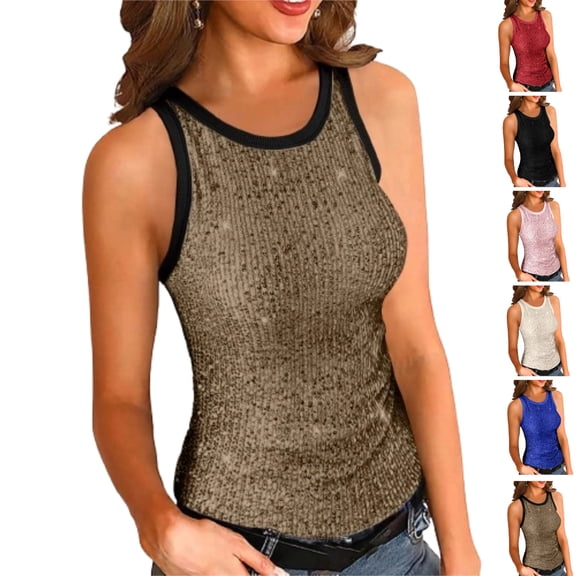 Sequin Crop Tank Tops for Women Trendy Crew Neck Sleeveless Shirt Slim Fit Summer Tunic Tanks Fashion Disco Party Club Going Out Tees,Gold XL