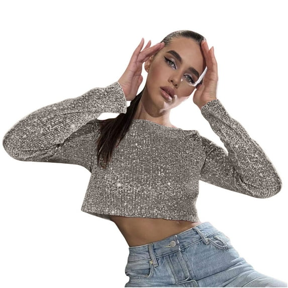 Sequin Crop Tops for Women Long Sleeve Crewneck Glitter Tshirt Y2K Teen Girls Cute Sparkle Blouse Tees for Party Club