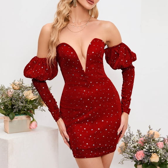 Sequin Dress, Deep V Neck Off Shoulder Bodycon Cocktail Dress for Women, Party and Evening Wear