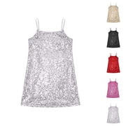Sequin Dress for Girls, Adjustable Spaghetti Strap Pencil Midi Bodycon Gown with Shiny Glitter, Sparkle Party Dresses for Junior Youth Womens Formal Evening Occasions