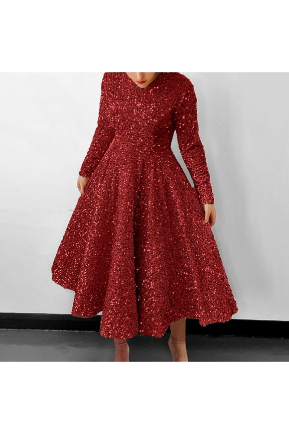 Sequin Dress Long Skirt Women's Dress Round Neck Long Sleeve Velvet Sparkly Pleated Dress Summer Casual Dress Backless Casual Dress Sunday Dress for Women Maternity Midi Dress V Neck Dress for Women