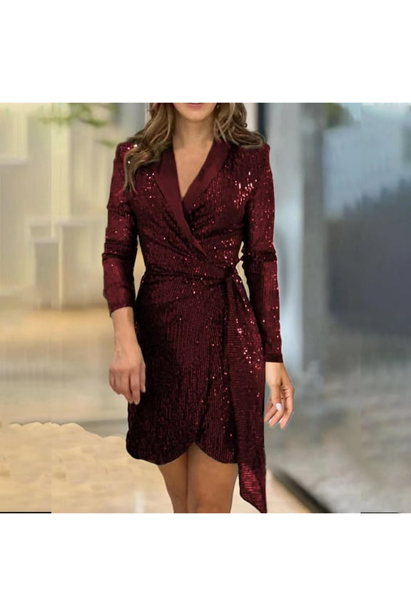 Sequin Dress For Women Long Sleeve Crewneck Sparkly Glitter Mini Dress Elegant Wedding Party Dress Long Dresses for Women Champagne Wedding Dress with Sleeves Dark Formal Dress Maternity Dress plus