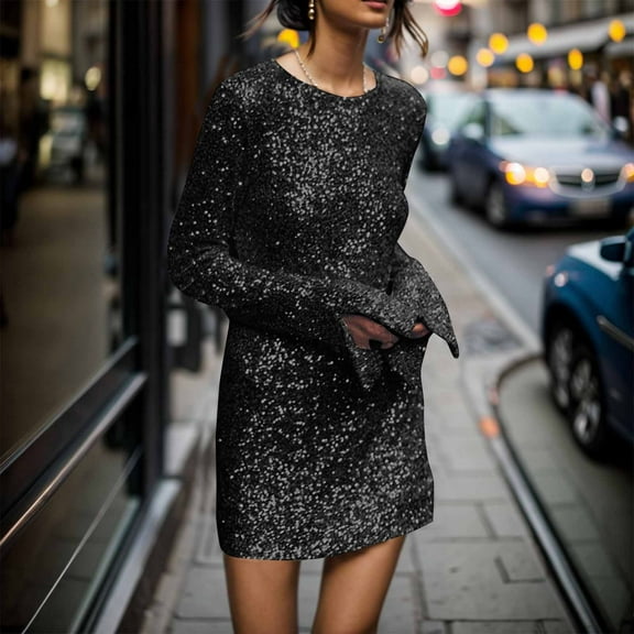 Sequin Dress For Women Long Sleeve Crewneck Sparkly Glitter Mini Dress Elegant Wedding Party Dress Tall Formal Dresses for Women Women Tie Affair Dress Evening Dress with Sleeves plus Size Long