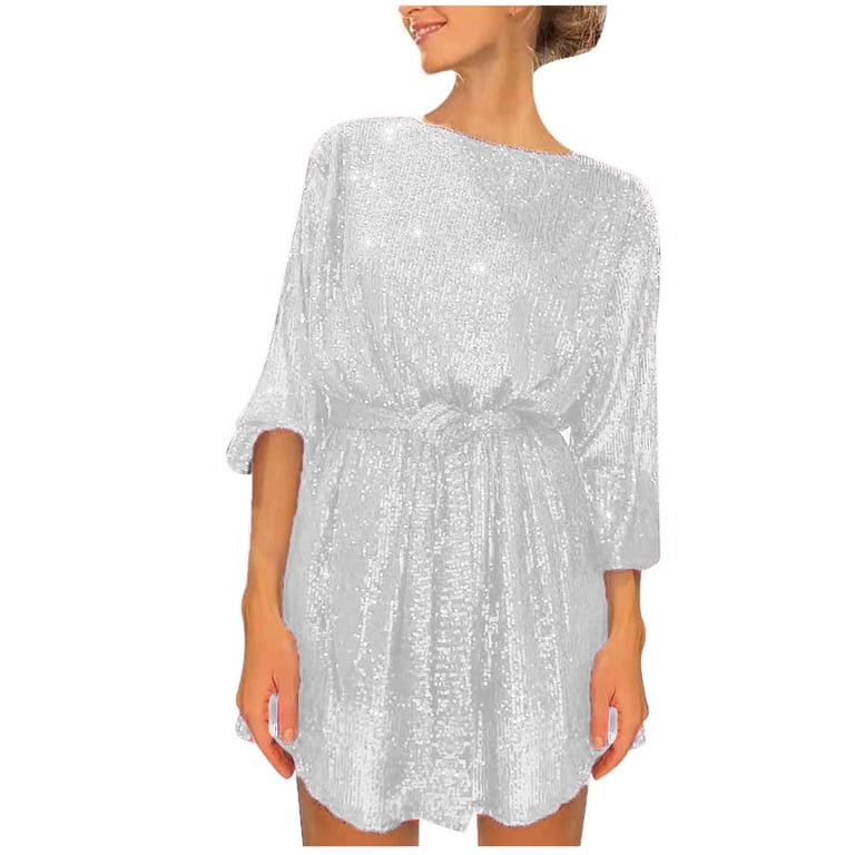Sequin Dress for Women 3/4 Sleeve Round Neck High Waist Belted Flowy Solid Knee Length Party Cocktail Dress Prom - Walmart.com Sequin Dress for Women 3/4 Sleeve Round Neck High Waist Belted Flowy Solid Knee Length Party Cocktail Dress Prom - Walmart.com