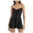 thumbnail image 1 of Sequin Dress for Women Sparkly Glitter Shiny Spaghetti Strap Sleeveless Lace-up Backless Fitted A Line Mini Dress (Large, Black A), 1 of 5