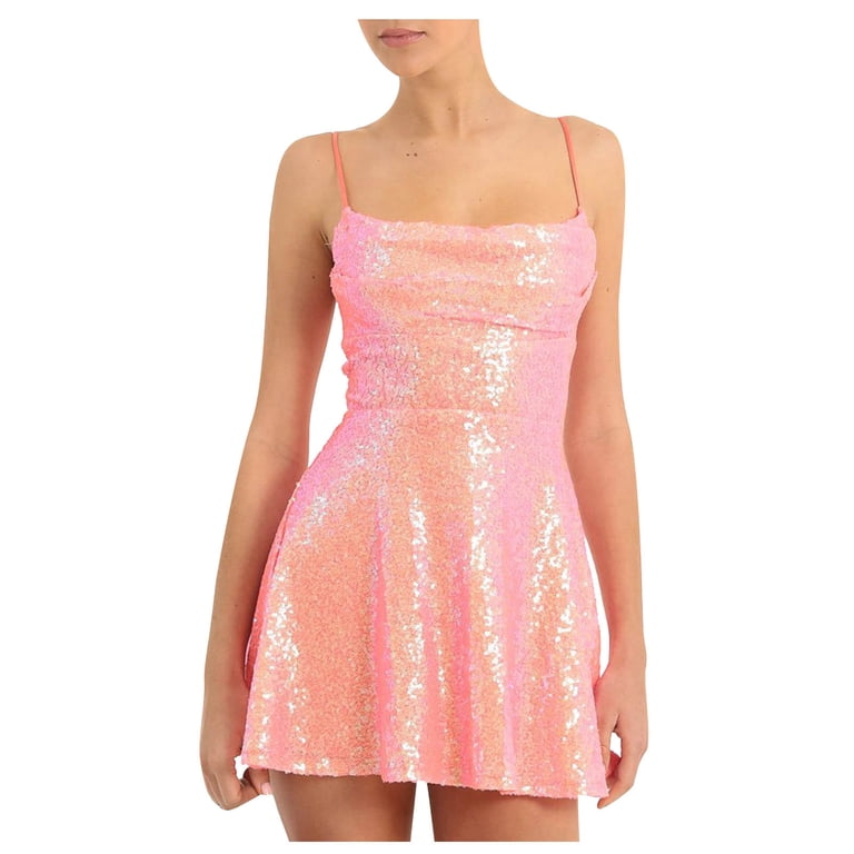 navy blue dress for baby girl Sequin Dress for Women Sparkly Glitter Shiny Spaghetti Strap Sleeveless  Lace-up Backless Fitted A Line Mini Dress (Large, Pink A)