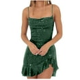thumbnail image 1 of Savings Sequin Dress for Women Sparkly Glitter Shiny Spaghetti Strap Sleeveless Lace-up Backless Fitted A Line Mini Dress (S, Army Green), 1 of 5