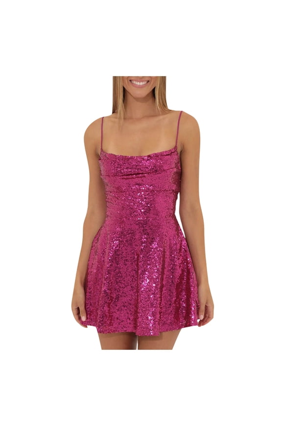 Sequin Dress for Women Sparkly Glitter Shiny Spaghetti Strap Sleeveless Lace-up Backless Fitted A Line Mini Dress (Small, Hot Pink A)