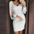 thumbnail image 1 of Sequin Dress for Women Sparkly V Neck Mini Dress Ruched Bodycon Party Dresses (Silver L), 1 of 6