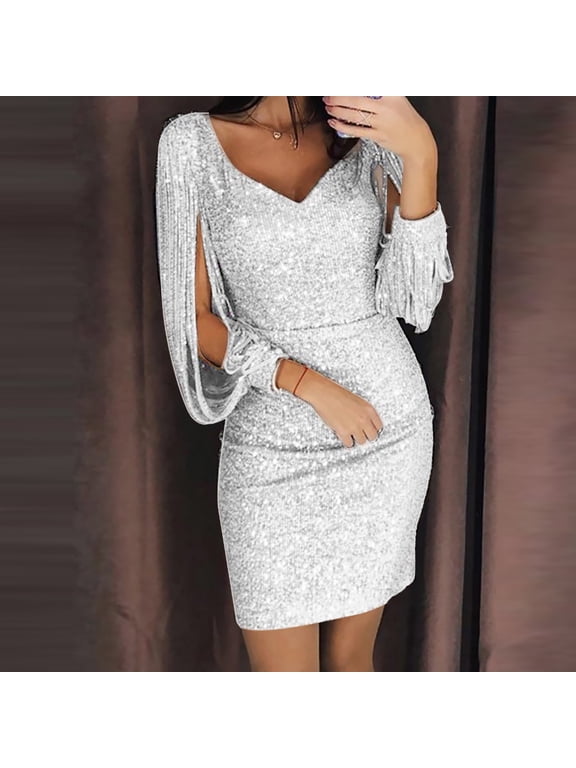 Sequin Dress for Women Sparkly V Neck Mini Dress Ruched Bodycon Party Dresses (Silver S)