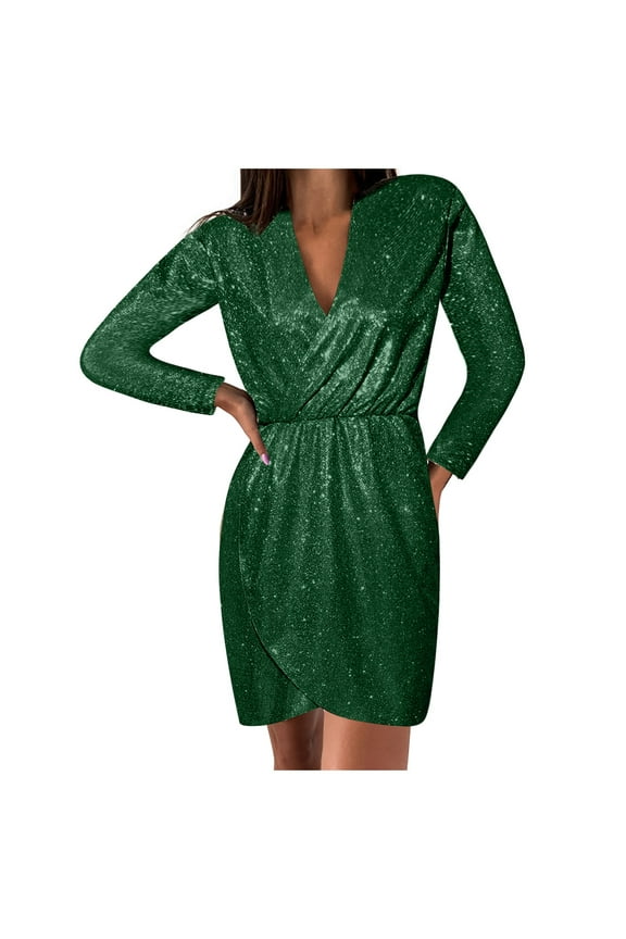 Sequin Dress for Women Trendy Party Evening Sparkle Dresses Slim Fit Elegant Long Sleeve V-Neck Tunic Short Cocktail Dresses