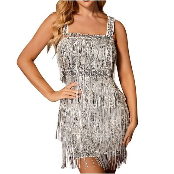 Sequin Dresses for Women Evening Prom Cocktail Club Wear Mini Dress Tassels Sleeveless Slim Solid Tank Dress