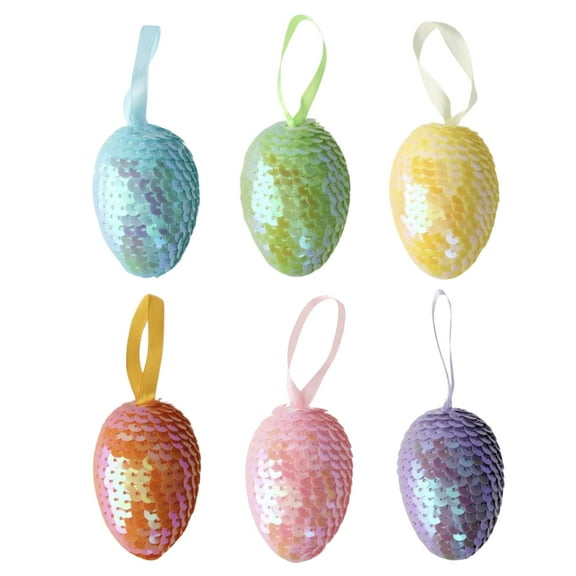 Sequin Easter Eggs Hanging Ornaments 3 inches for Spring Birthday Tree Wreath Table Bowl Scatter Home Kitchen Party Favors DIY Craft Basket Filler Indoor Decoration Gift Supplies Set of 6