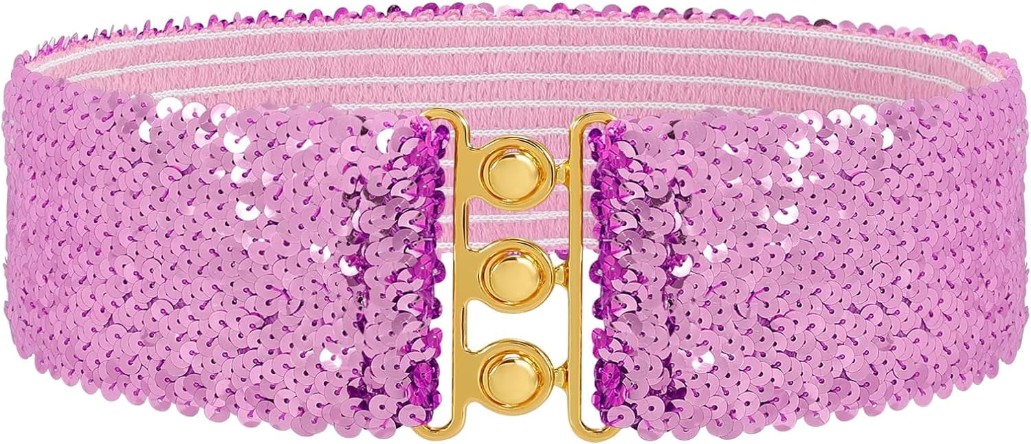 sequin belts for dresses Sequin Elastic Wide Belts for Women Sparkly Glitter Stretch Disco Belt for Dresses 70s 80s Costume Party