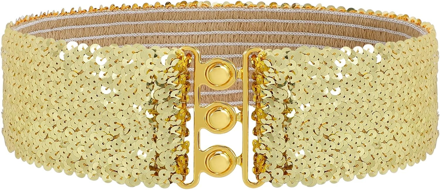 Sequin Elastic Wide Belts for Women Sparkly Glitter Stretch Disco
