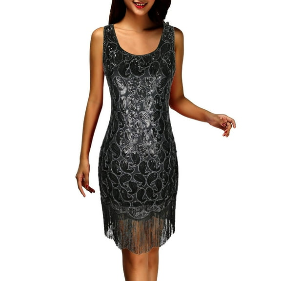 Sequin Elegant Dresses for Women Formal Fringe Hem Glitter Square Neck Slimming Dress Racerback Evening Party Cocktail Gowns Black XL