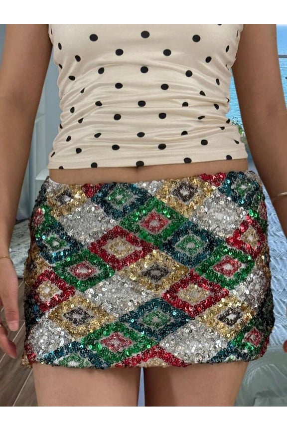 Sequin Embellished Bodycon Mini Skirt In Gold Multicolor Geometric Pattern