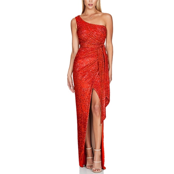 Sequin Evening Gown Womens Sleeveless One Shoulder Sparkly Dress Glitter Wrap Cocktail Formal Slit Maxi Dresses XL