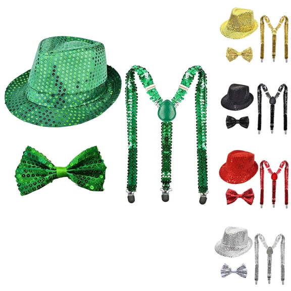 Sequin Fedora Headwear for Women Men Bling Retro Dance Hats Cosplay Costume Unisex Jazz Disco Cap with Sequin Suspenders Bow Tie Red One Size