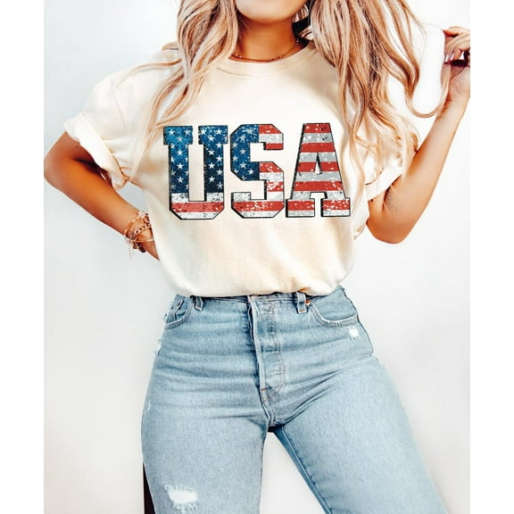 Sequin Flag Letters T-shirt, Sparkle USA, Patriotic Look, 4th of July, Red White Blue, Retro Independence Day Shirt