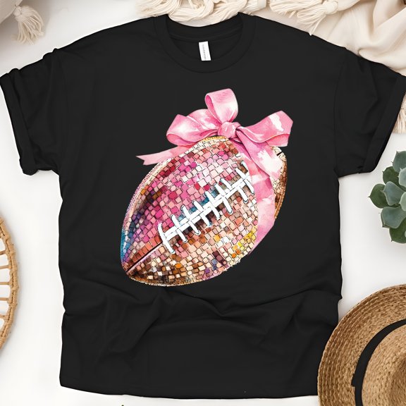 Sequin Football with Pink Bow T-Shirt | Cute Game Day Tee for Women, Black, Size 2XL