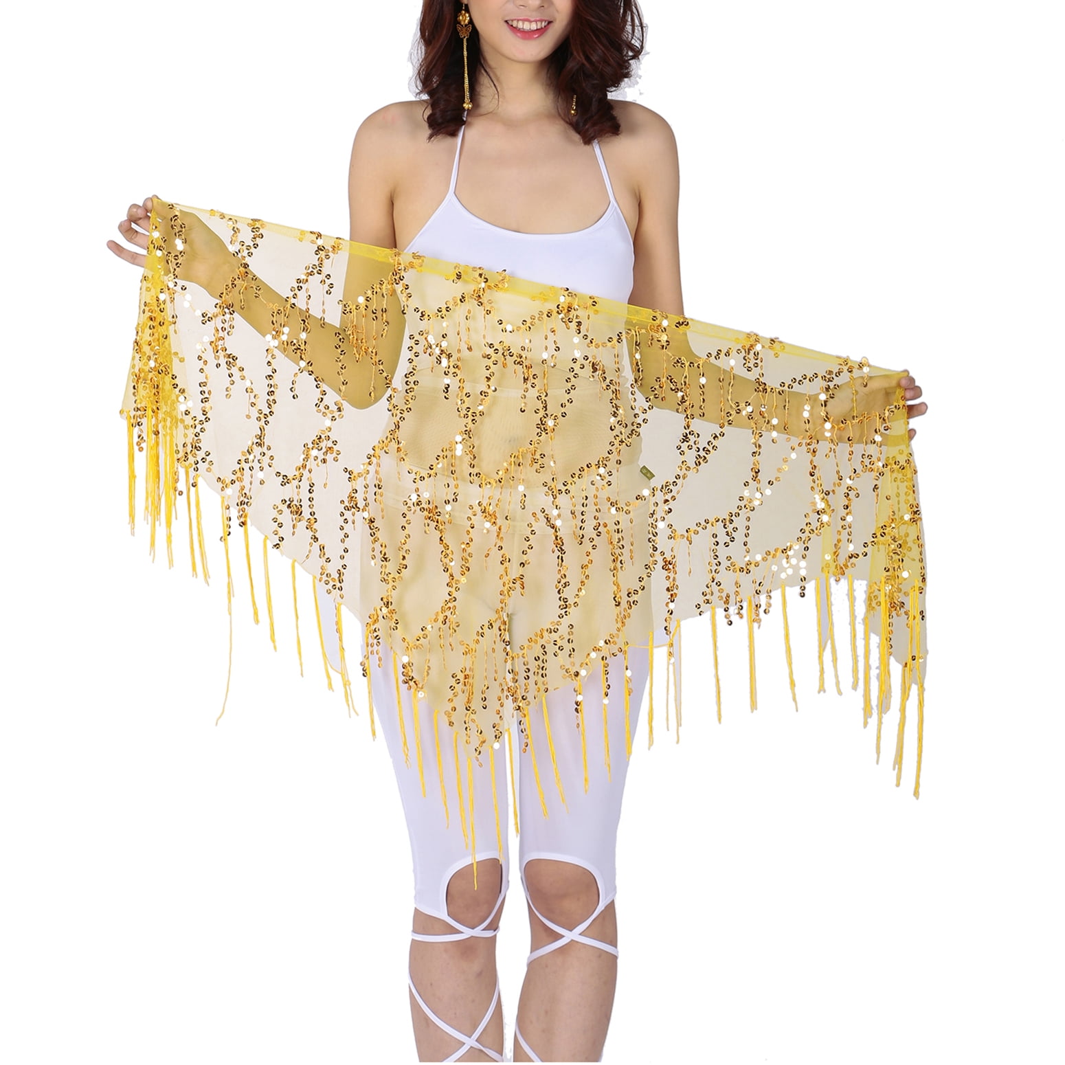 Yellow Sheer Sequin Belly Dance Hip Scarf – Sparkling Wrap Skirt with Fringe Women Belly Dance Hip Scarf Gold with Sequins Triangle Wrap  main image 2