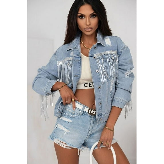 Sequin Fringe Trim Distressed Button Up Denim Jacket