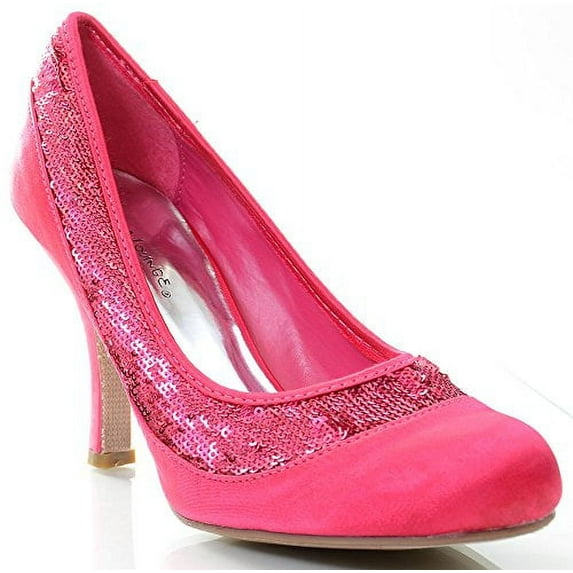 Sequin Fuchsia Satin Low Heel Pumps Women's Fourever Funky (7.5 B(M) US)