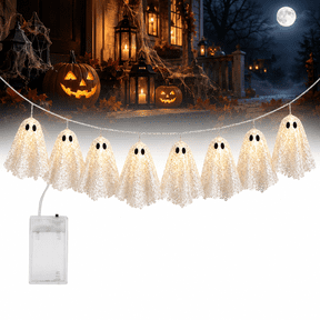 Sequin Ghost String Lights, 6.56ft 10-Count Warm White LED Halloween Garland, Battery Operated with 8 Modes for Mantel, Window and Indoor Party Decor