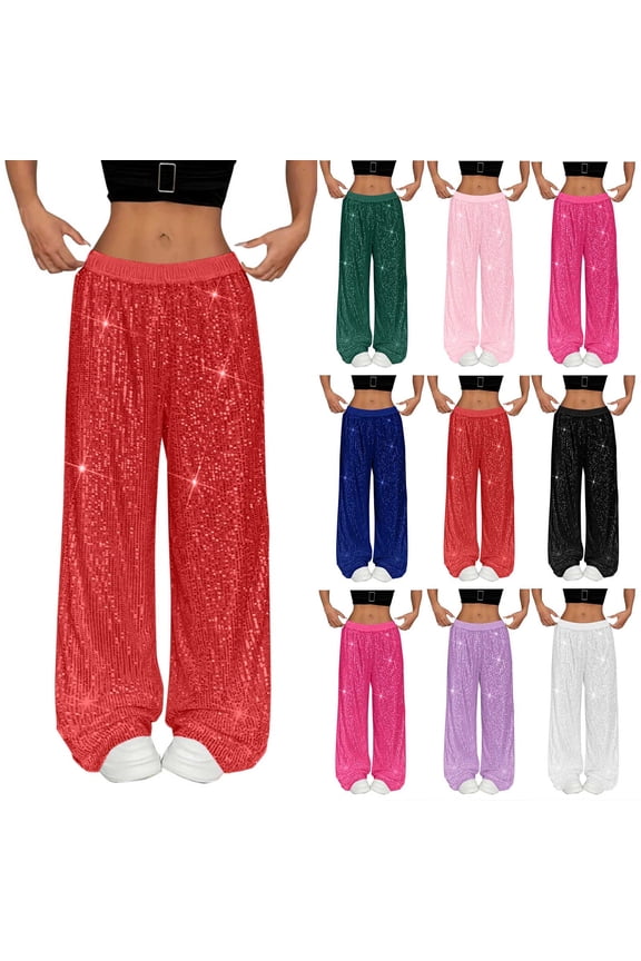 Sequin Glimmer Party Pants High Waisted Straight Wide Leg Trousers, Solid Color Ball Gown Bottoms with Elastic Waist for Evening Club Holiday, Fashion Gifts for Women | Sopatenor,Purple L
